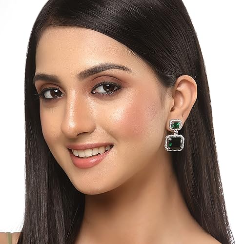 LukGud Oxidised Silver-Plated American Diamond studded Oval Shaped Drop Earrings Jewellery For Girls and Women