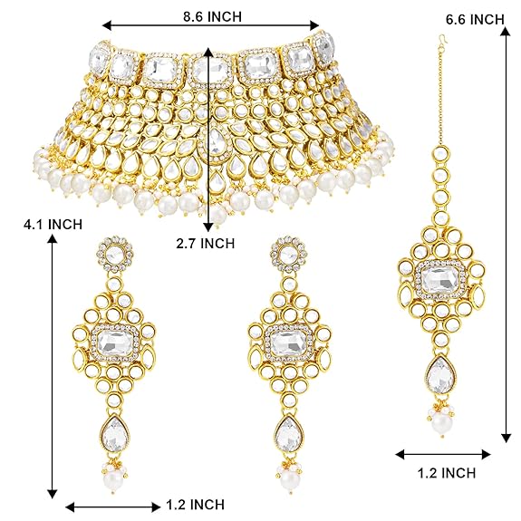 Lukgud Rani Padmavati Kundan Faux Pearl Choker Necklace with Earrings Maang Tikka for Women Girls Traditional Jewellery set