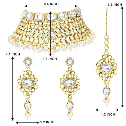 Lukgud Rani Padmavati Kundan Faux Pearl Choker Necklace with Earrings Maang Tikka for Women Girls Traditional Jewellery set