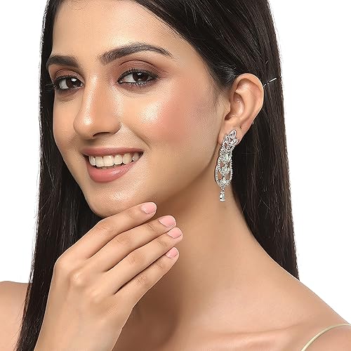 LuKGud Oxidised Silver-Plated American Diamond studded Crescent Drop Earrings for Girls and Women