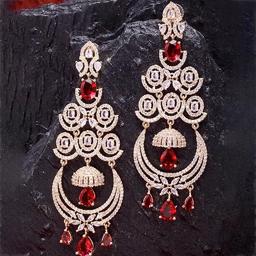 LukGud Floral Shaped American Diamond Dangle Chandelier Earring For Women And Girls