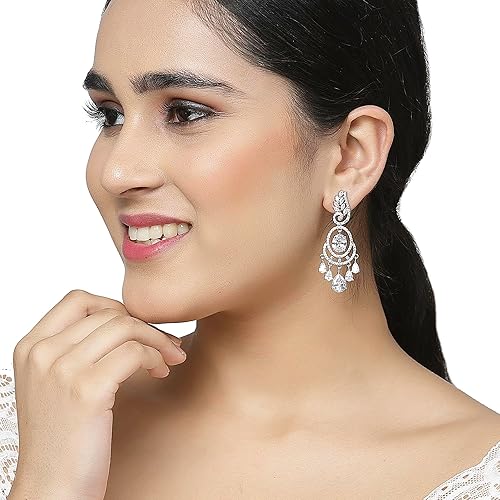 LukGud  Rhodium-Plated American Diamond Studded Oval & Leaf Shaped Drop Earrings For Girls and Women