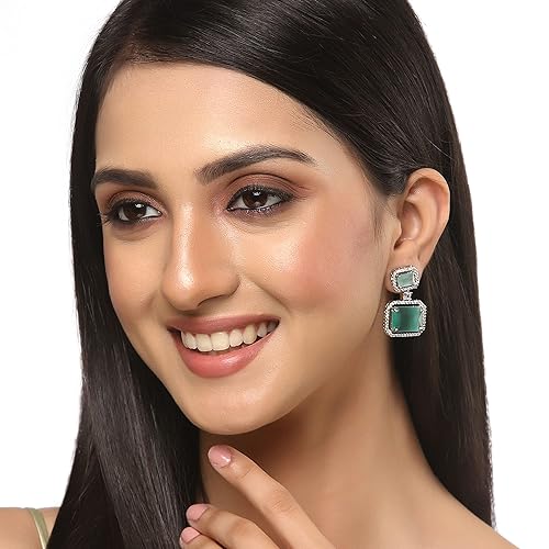 LukGud Oxidised Silver-Plated American Diamond studded Oval Shaped Drop Earrings Jewellery For Girls and Women