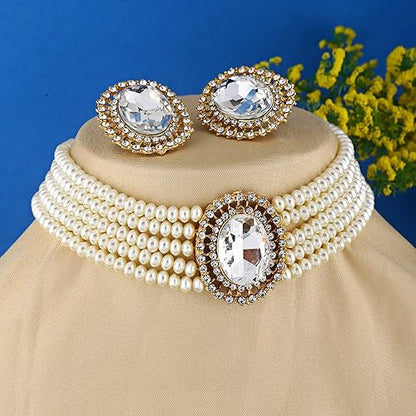 LukGud 18k Gold Plated Latest Stylish Fancy Choker Traditional Pearl Necklace Jewellery Set for Women