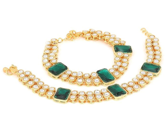 LukGud Gold Plated Bridal Anklets Payal Embellished with Green Stones & Faux Kundans for Women/Girls