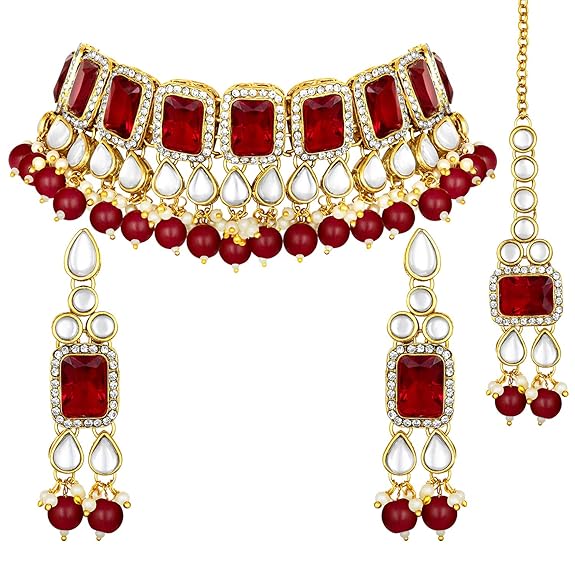 LukGud Crystal Faux Pearl Kundan Necklace & Jewelry Set Gift for Women