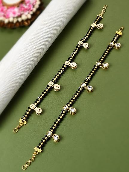 LukGud Black Crystal Beads Traditional Kundan Payal For Women (2 Anklets)