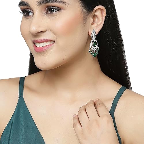 LukGud Rhodium-Plated American Diamond Studded Oval & Leaf Shaped Drop Earrings For Girls and Women