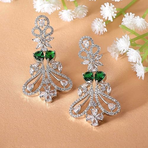 LukGud Rhodium-Plated American Diamond Studded Paisley Shaped Drop Earrings For Girls and Women