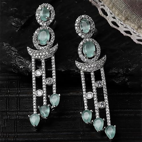 LukGud Oxidised Silver-Plated American Diamond studded Crescent Shaped Drop Earrings for Girls and Women