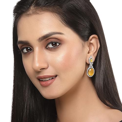 LukGud Oxidised Silver-Plated American Diamond studded Oval Shaped Drop Earrings Jewellery For Girls and Women