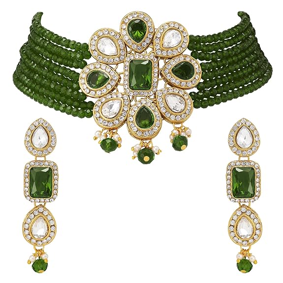 LukGud Crystal Beaded Adjustable Choker Collar Necklace Earring Jewellery Set