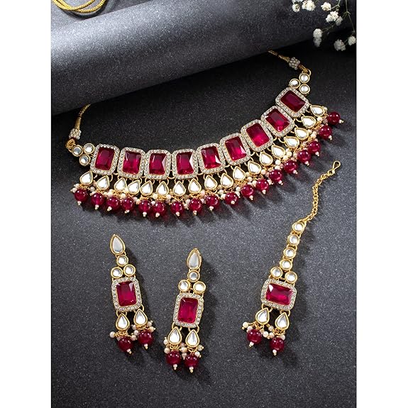 LukGud Crystal Faux Pearl Kundan Necklace & Jewelry Set Gift for Women