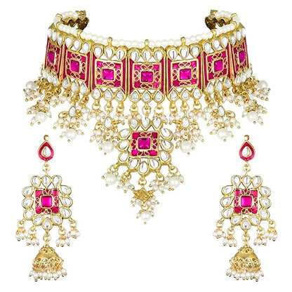 LukGud Gold Plated Meenakari Bridal Choker Necklace Earring Jewellery Set for women