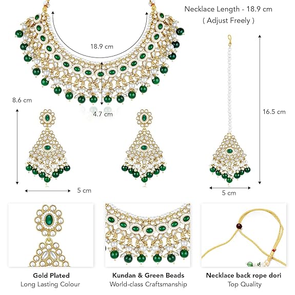 LukGud Gold Plated Kundan & Beads Studded Choker Necklace Dangle Earrings & Maangtikka Set Ethnic Jewellery for Women