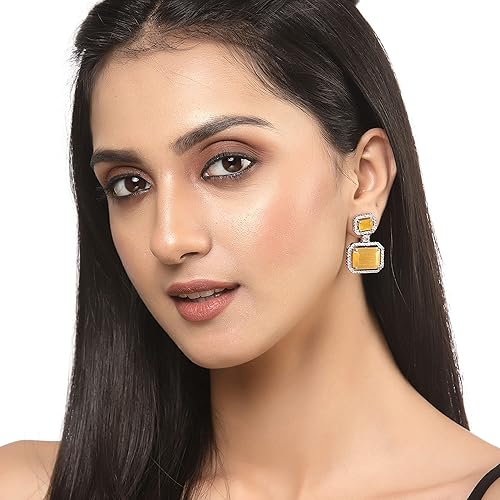 LukGud Oxidised Silver-Plated American Diamond studded Oval Shaped Drop Earrings Jewellery For Girls and Women