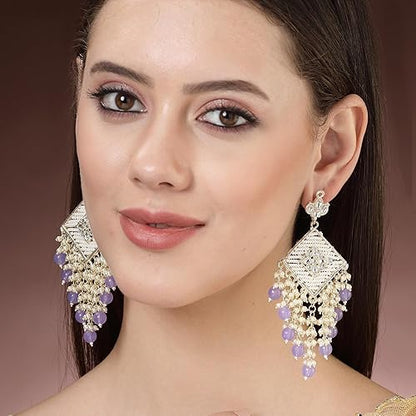 LukGud 18K Gold Plated Traditional Handcrafted Pearl Kundan Beaded Chandbali Earrings for Women/Girls