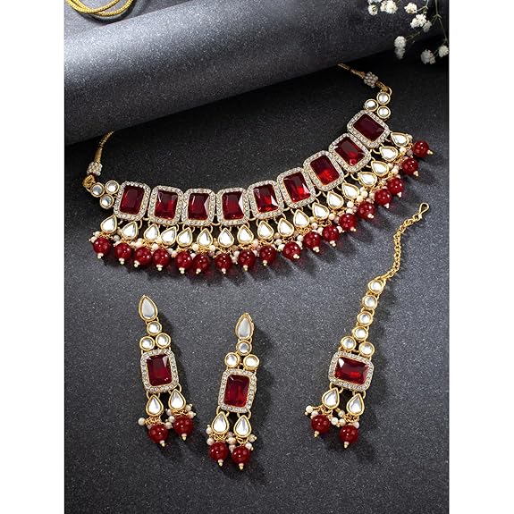 LukGud Crystal Faux Pearl Kundan Necklace & Jewelry Set Gift for Women