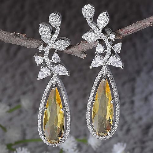 LukGud Rhodium-Plated American Diamond Studded Teardrop & Leaf Shaped Drop Earrings For Girls and Women