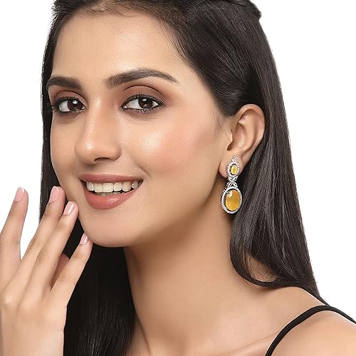 LukGud Oxidised Silver-Plated American Diamond studded Oval Shaped Drop Earrings Jewellery For Girls and Women