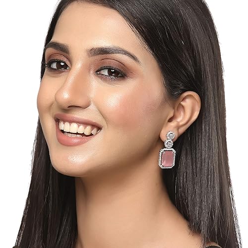 LukGud Oxidised Silver-Plated American Diamond studded Oval Shaped Drop Earrings Jewellery For Girls and Women