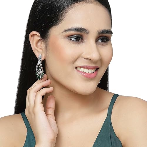 LukGud Rhodium-Plated American Diamond Studded Oval & Leaf Shaped Drop Earrings For Girls and Women