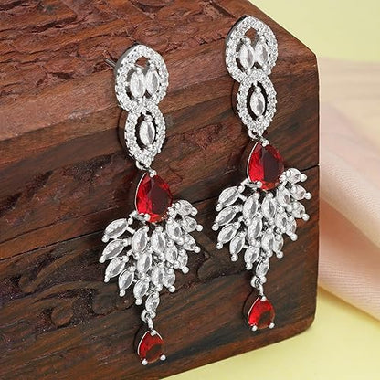 LukGud Rhodium-Plated American Diamond Studded Handcrafted Spiked Drop Earrings For Girls and Women