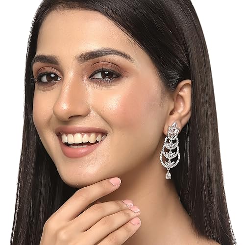 LukGud Oxidised Silver-Plated American Diamond studded Crescent Drop Earrings for Girls and Women