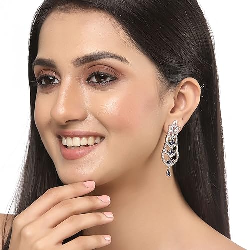 LuKGud Oxidised Silver-Plated American Diamond studded Crescent Drop Earrings for Girls and Women