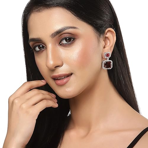 LukGud Oxidised Silver-Plated American Diamond studded Oval Shaped Drop Earrings Jewellery For Girls and Women