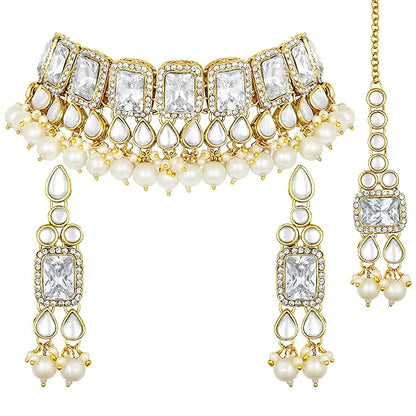 LukGud Crystal Faux Pearl Kundan Necklace & Jewelry Set Gift for Women