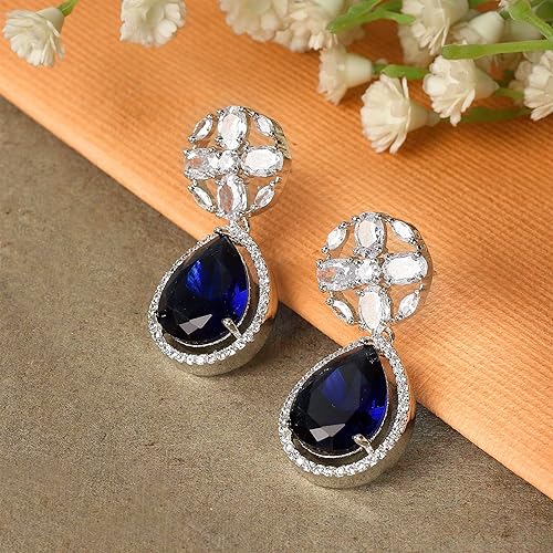 LukGud Rhodium-Plated American Diamond Studded Teardrop & Floral Shaped Drop Earrings For Girls and Women