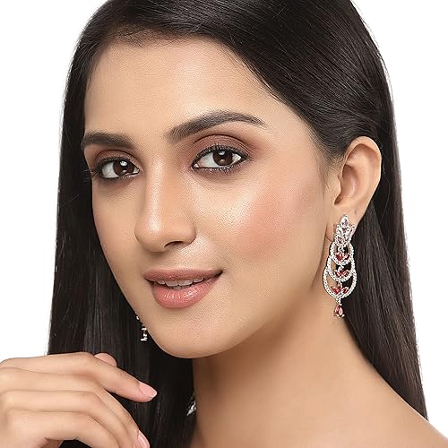 LuKGud Oxidised Silver-Plated American Diamond studded Crescent Drop Earrings for Girls and Women