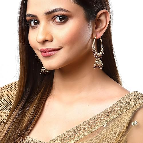 LukGud Gold Plated Copper Black & Gold-Toned Dome Shaped Jhumkas Earrings Jewellery For Wormen and Girls