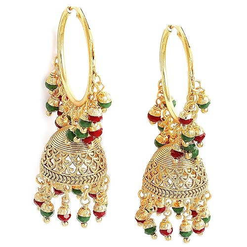 LukGud Gold Plated Copper Black & Gold-Toned Dome Shaped Jhumkas Earrings Jewellery For Wormen and Girls