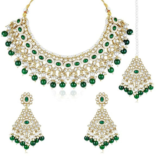 LukGud Gold Plated Kundan & Beads Studded Choker Necklace Dangle Earrings & Maangtikka Set Ethnic Jewellery for Women