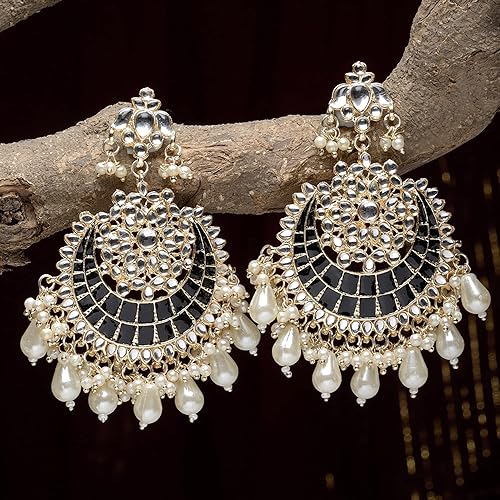 LukGud Gold-Plated Kundan studded Crescent Shaped Chandbali Earrings for Girls and Women