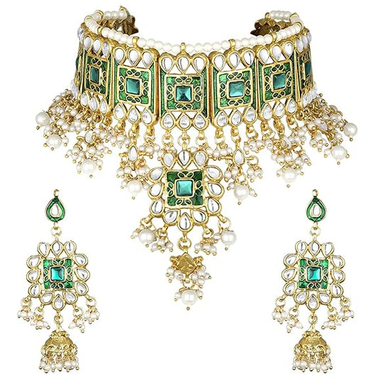 LukGud Gold Plated Meenakari Bridal Choker Necklace Earring Jewellery Set for women