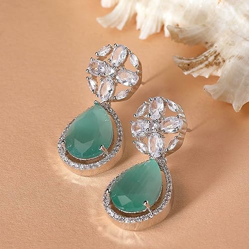 LukGud Rhodium-Plated American Diamond Studded Teardrop & Floral Shaped Drop Earrings For Girls and Women