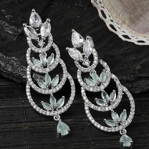 LuKGud Oxidised Silver-Plated American Diamond studded Crescent Drop Earrings for Girls and Women