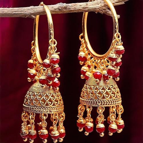 LukGud Gold Plated Copper Black & Gold-Toned Dome Shaped Jhumkas Earrings Jewellery For Wormen and Girls