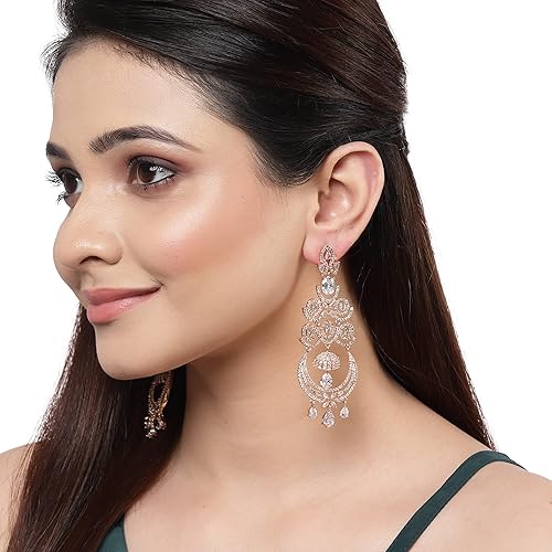 LukGud Floral Shaped American Diamond Dangle Chandelier Earring For Women And Girls