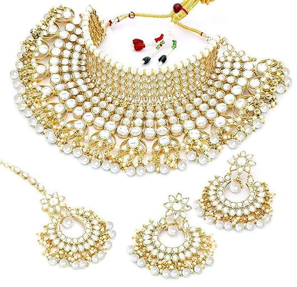 LukGud  Indian Wedding Traditional Gold Plated Kundan Choker Necklace Set with Tikka and Earrings for Wome Girls