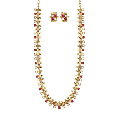 LukGud South Indian Stylish Multicolour Stone Work Long Necklace With Earrings For Women & Girls