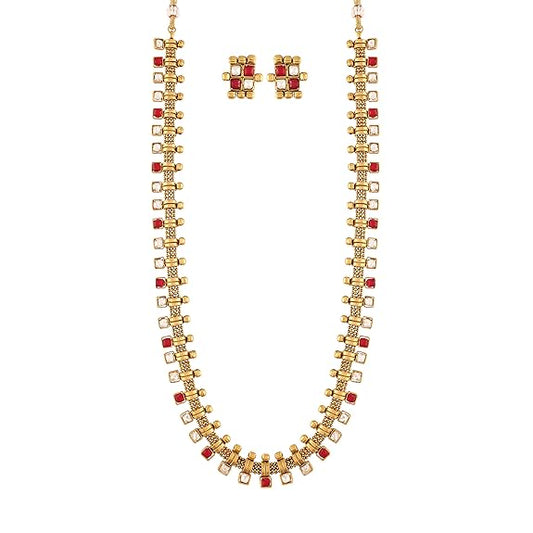 LukGud South Indian Stylish Multicolour Stone Work Long Necklace With Earrings For Women & Girls