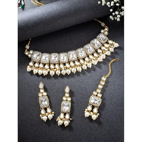 LukGud Crystal Faux Pearl Kundan Necklace & Jewelry Set Gift for Women