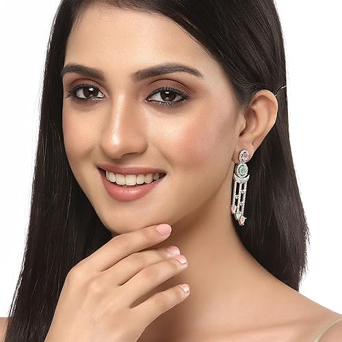 LukGud Oxidised Silver-Plated American Diamond studded Crescent Shaped Drop Earrings for Girls and Women