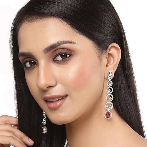 LukGud Oxidised Silver-Plated American Diamond studded Circular Shaped Drop Earrings for Girls and Women