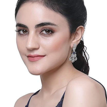 LukGud Rhodium-Plated American Diamond Studded Paisley Shaped Drop Earrings For Girls and Women