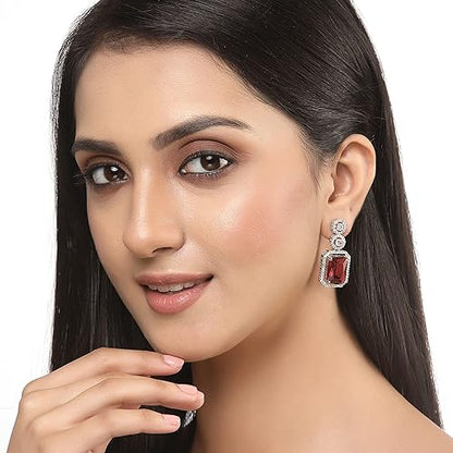 LukGud Oxidised Silver-Plated American Diamond studded Oval Shaped Drop Earrings Jewellery For Girls and Women